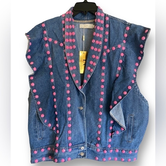 Lisette Embellished Ruffle Denim Vest Oversized Urban Streetwear NWT Y2K - Picture 2 of 13